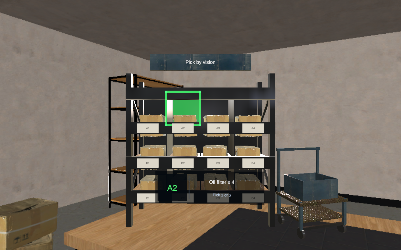 A picture of Pick by vision for a warehouse from play mode in the Unity Editor
